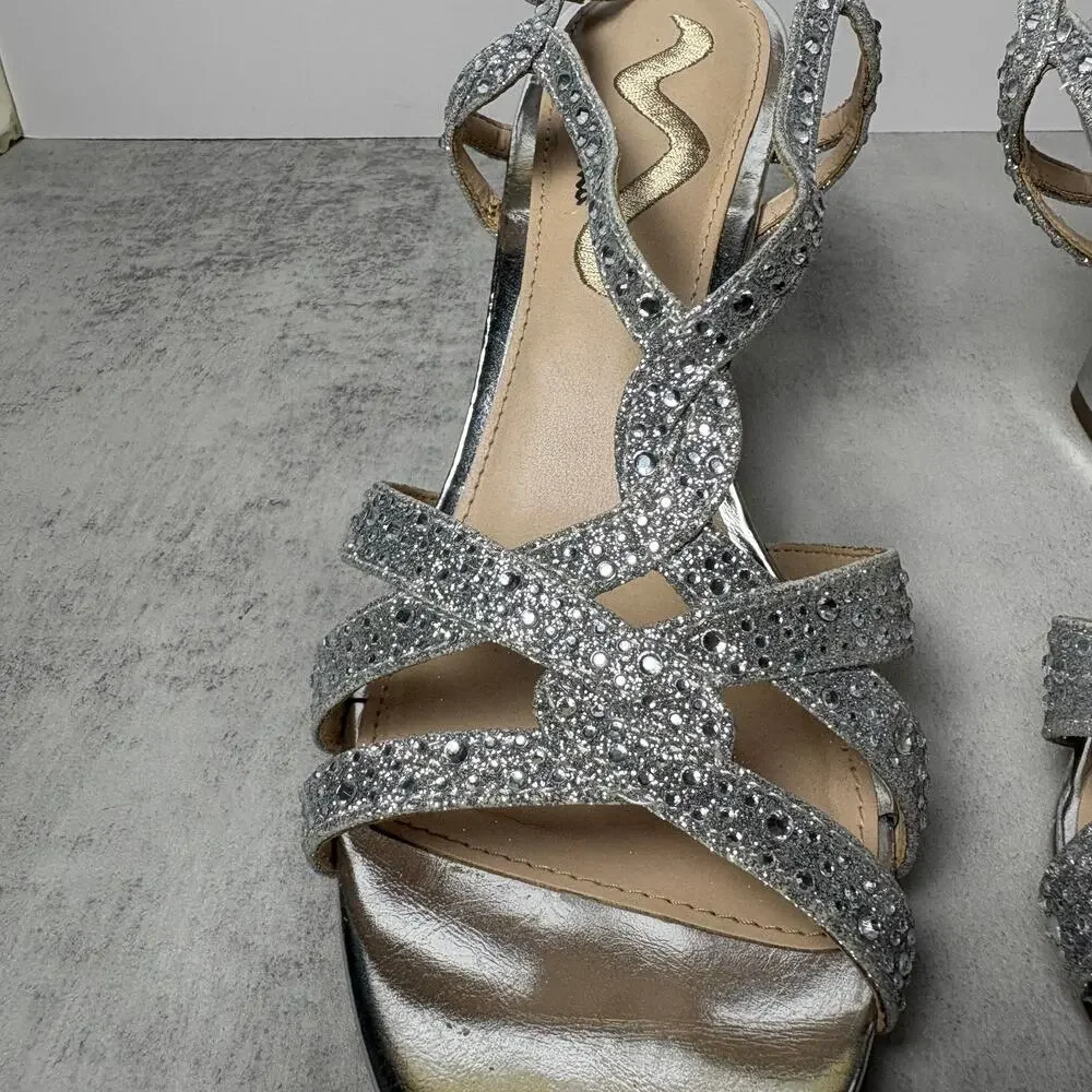 Nina Vanida Wedge Strappy Silver Glitter Rhinestone Dress Sandal Women's 9.5 - Picture 8 of 12